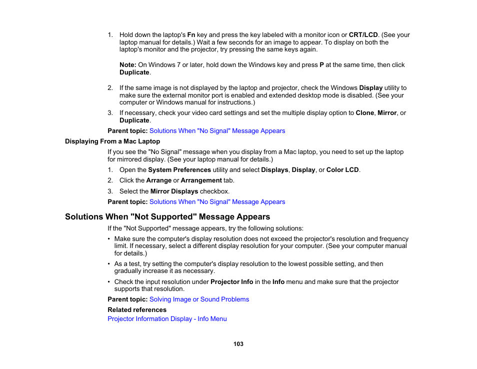 Displaying from a mac laptop, Solutions when "not supported" message appears | Epson Home Cinema 2200 2700-Lumen Full HD 3LCD Smart Projector (2021 Version) User Manual | Page 103 / 136