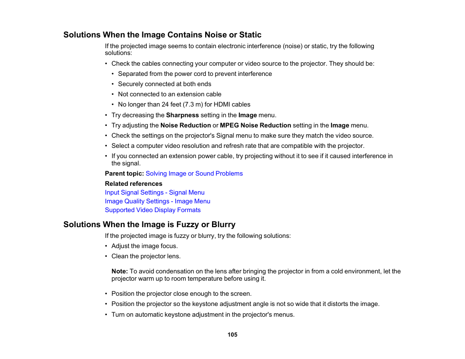 Solutions when the image contains noise or static, Solutions when the image is fuzzy or blurry | Epson Home Cinema 2200 2700-Lumen Full HD 3LCD Smart Projector (2021 Version) User Manual | Page 105 / 136