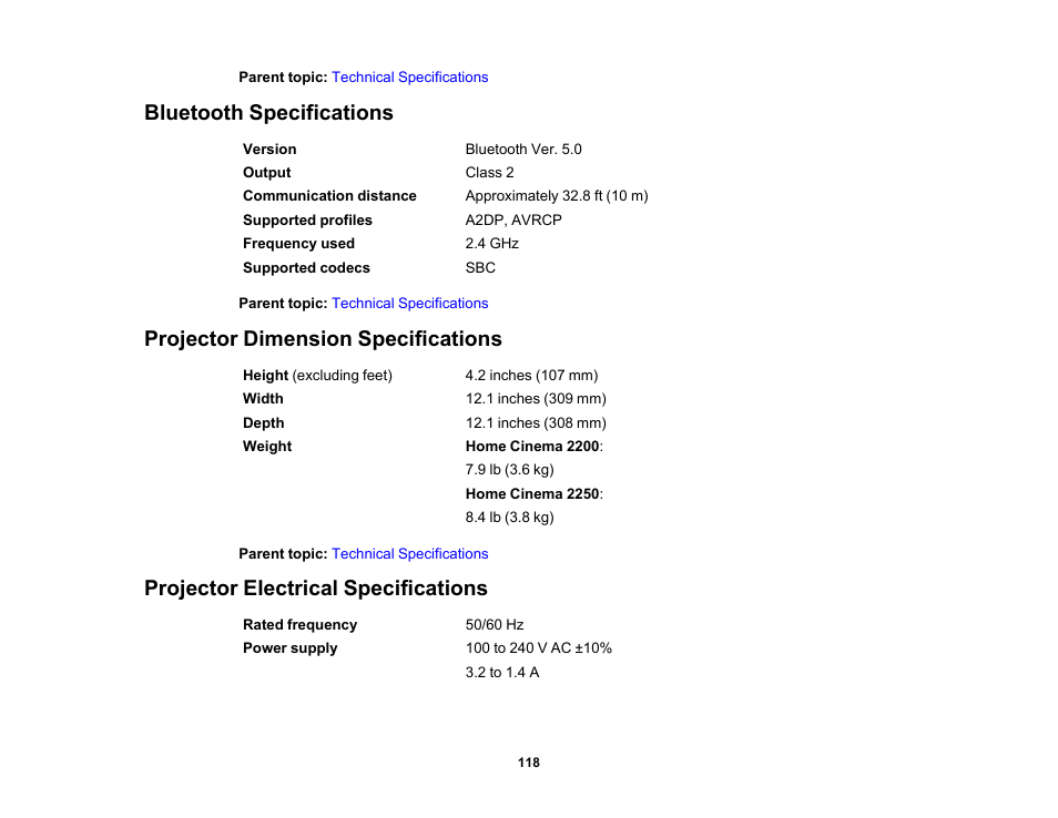 Bluetooth specifications, Projector dimension specifications, Projector electrical specifications | Epson Home Cinema 2200 2700-Lumen Full HD 3LCD Smart Projector (2021 Version) User Manual | Page 118 / 136