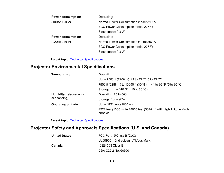 Projector environmental specifications | Epson Home Cinema 2200 2700-Lumen Full HD 3LCD Smart Projector (2021 Version) User Manual | Page 119 / 136