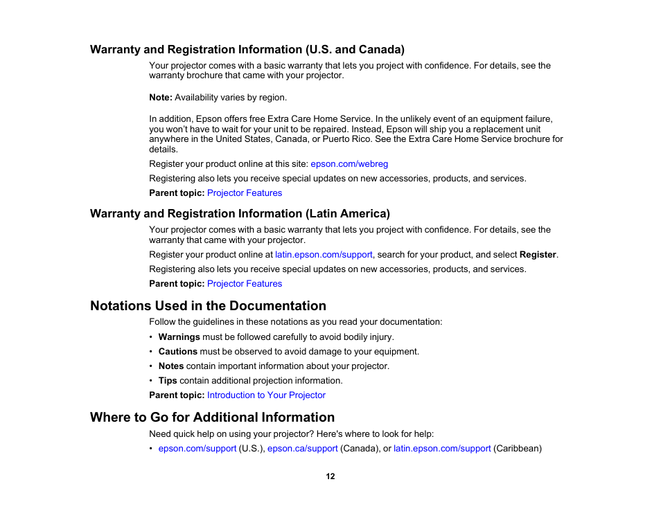 Notations used in the documentation, Where to go for additional information | Epson Home Cinema 2200 2700-Lumen Full HD 3LCD Smart Projector (2021 Version) User Manual | Page 12 / 136