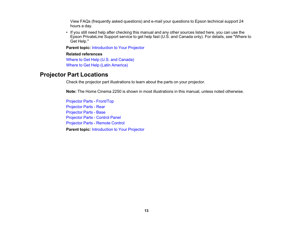 Projector part locations | Epson Home Cinema 2200 2700-Lumen Full HD 3LCD Smart Projector (2021 Version) User Manual | Page 13 / 136