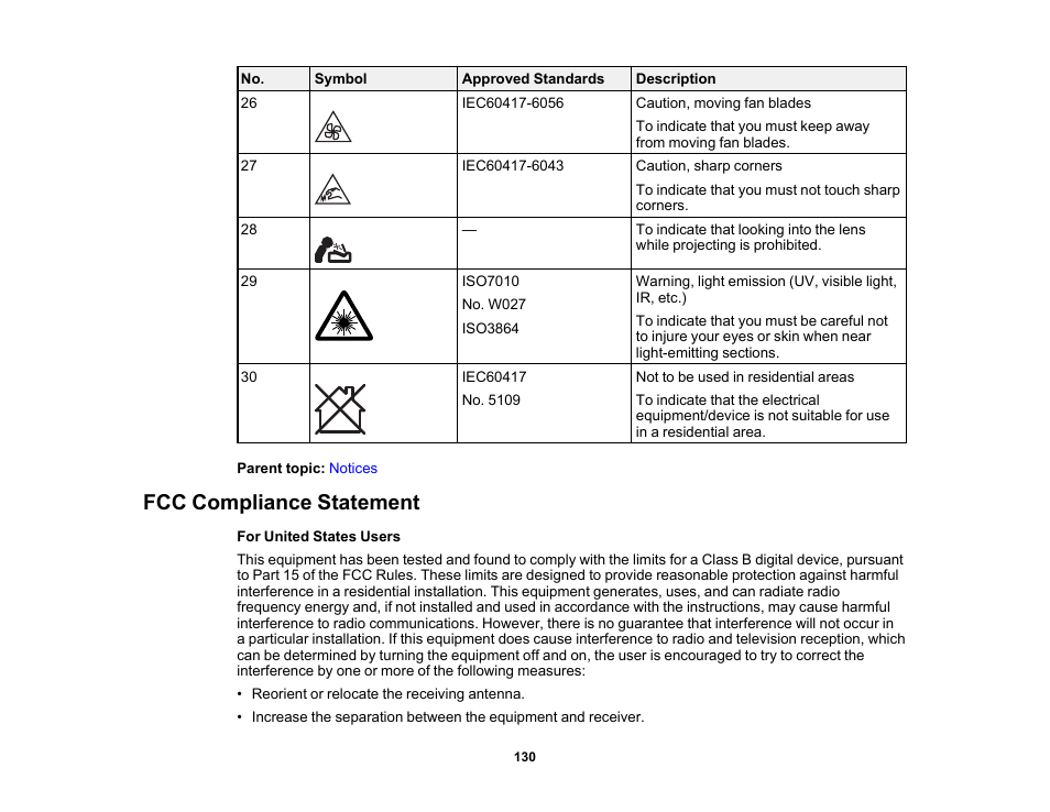 Fcc compliance statement | Epson Home Cinema 2200 2700-Lumen Full HD 3LCD Smart Projector (2021 Version) User Manual | Page 130 / 136