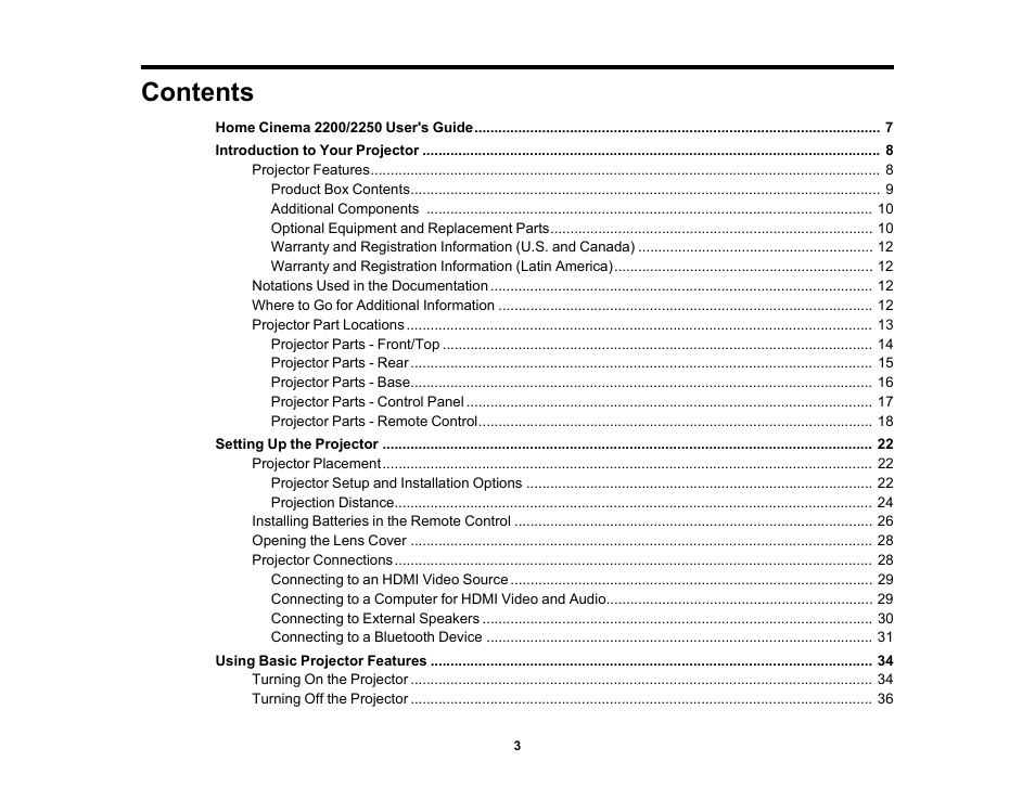 Epson Home Cinema 2200 2700-Lumen Full HD 3LCD Smart Projector (2021 Version) User Manual | Page 3 / 136