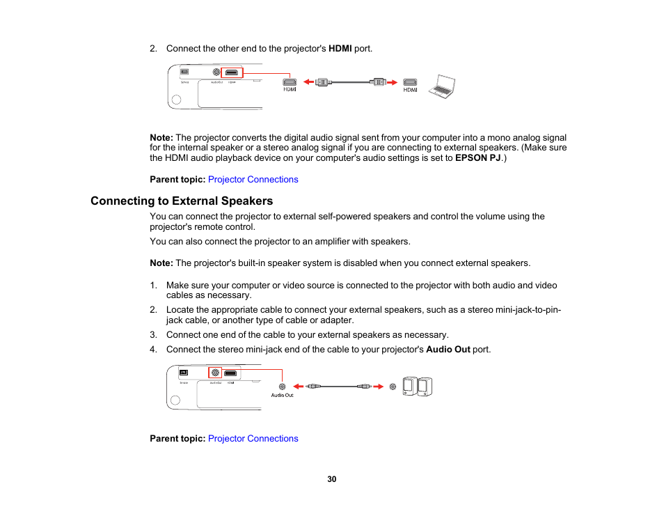Connecting to external speakers | Epson Home Cinema 2200 2700-Lumen Full HD 3LCD Smart Projector (2021 Version) User Manual | Page 30 / 136