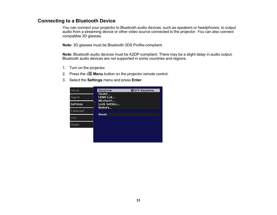 Connecting to a bluetooth device | Epson Home Cinema 2200 2700-Lumen Full HD 3LCD Smart Projector (2021 Version) User Manual | Page 31 / 136