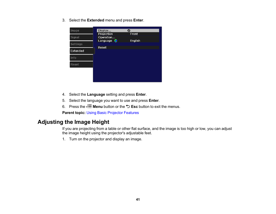 Adjusting the image height | Epson Home Cinema 2200 2700-Lumen Full HD 3LCD Smart Projector (2021 Version) User Manual | Page 41 / 136