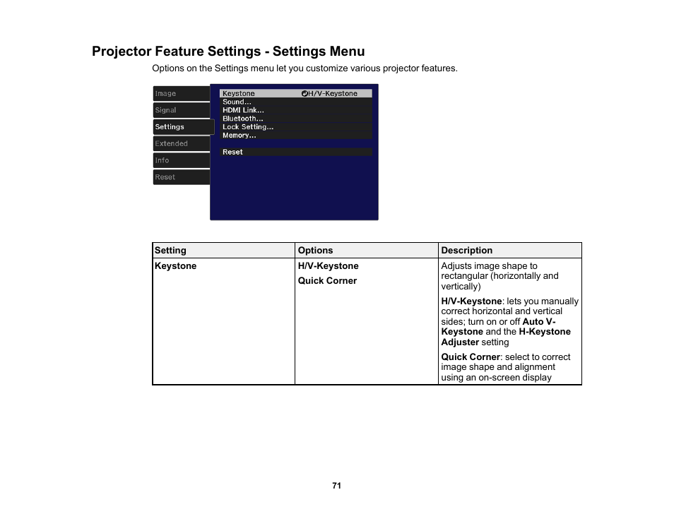 Projector feature settings - settings menu | Epson Home Cinema 2200 2700-Lumen Full HD 3LCD Smart Projector (2021 Version) User Manual | Page 71 / 136