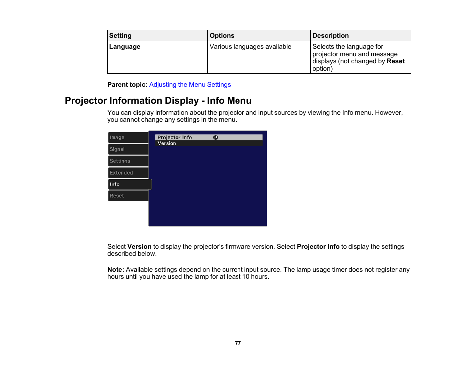 Projector information display - info menu | Epson Home Cinema 2200 2700-Lumen Full HD 3LCD Smart Projector (2021 Version) User Manual | Page 77 / 136