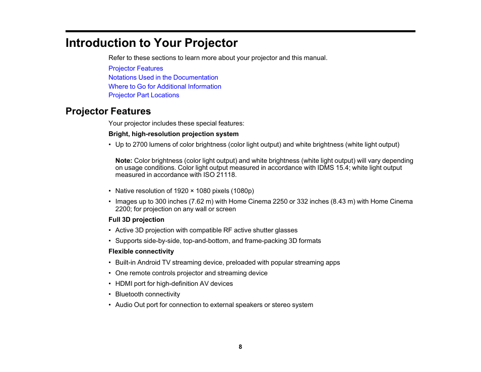 Introduction to your projector, Projector features | Epson Home Cinema 2200 2700-Lumen Full HD 3LCD Smart Projector (2021 Version) User Manual | Page 8 / 136