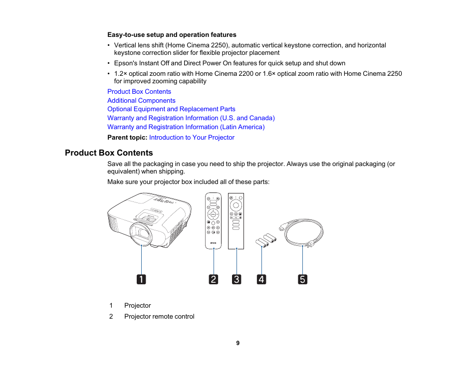 Product box contents | Epson Home Cinema 2200 2700-Lumen Full HD 3LCD Smart Projector (2021 Version) User Manual | Page 9 / 136