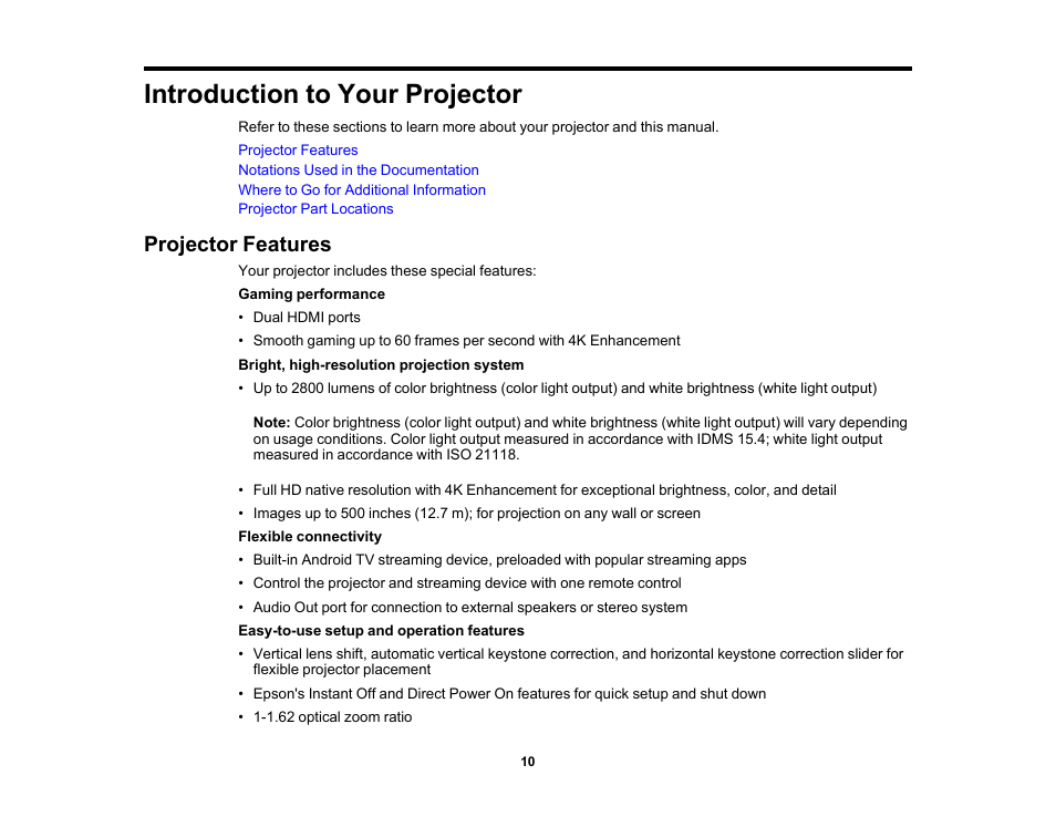 Introduction to your projector, Projector features | Epson Home Cinema 2350 2800-Lumen Pixel-Shift 4K UHD 3LCD Smart Gaming Projector User Manual | Page 10 / 149