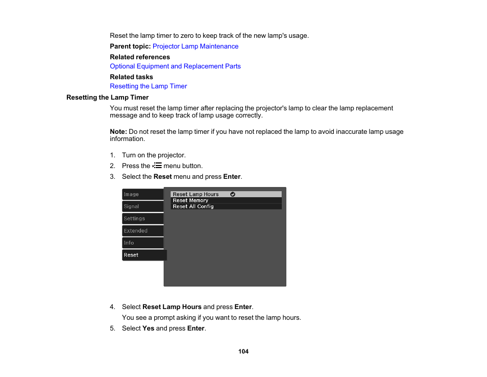 Resetting the lamp timer | Epson Home Cinema 2350 2800-Lumen Pixel-Shift 4K UHD 3LCD Smart Gaming Projector User Manual | Page 104 / 149