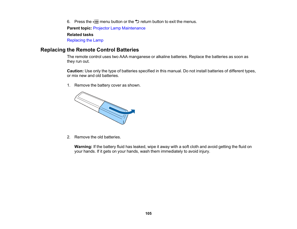 Replacing the remote control batteries | Epson Home Cinema 2350 2800-Lumen Pixel-Shift 4K UHD 3LCD Smart Gaming Projector User Manual | Page 105 / 149