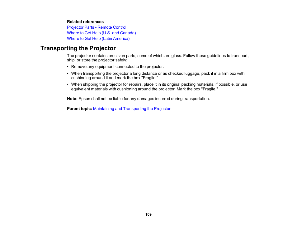 Transporting the projector | Epson Home Cinema 2350 2800-Lumen Pixel-Shift 4K UHD 3LCD Smart Gaming Projector User Manual | Page 109 / 149