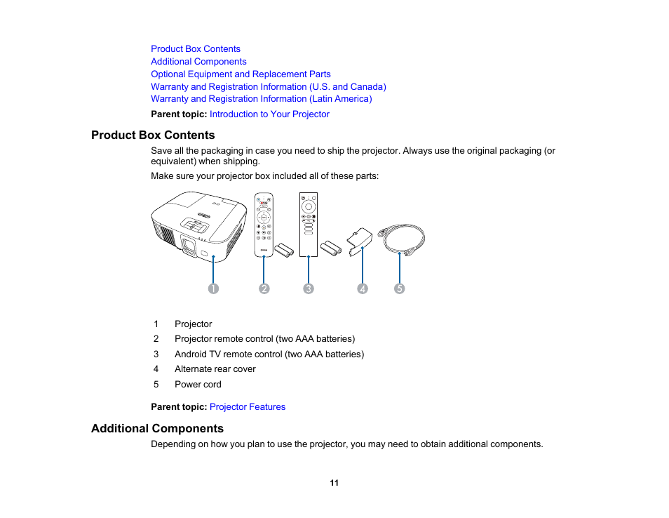 Product box contents, Additional components, Product box contents additional components | Epson Home Cinema 2350 2800-Lumen Pixel-Shift 4K UHD 3LCD Smart Gaming Projector User Manual | Page 11 / 149