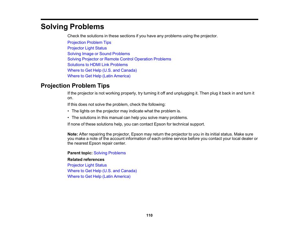 Solving problems, Projection problem tips | Epson Home Cinema 2350 2800-Lumen Pixel-Shift 4K UHD 3LCD Smart Gaming Projector User Manual | Page 110 / 149