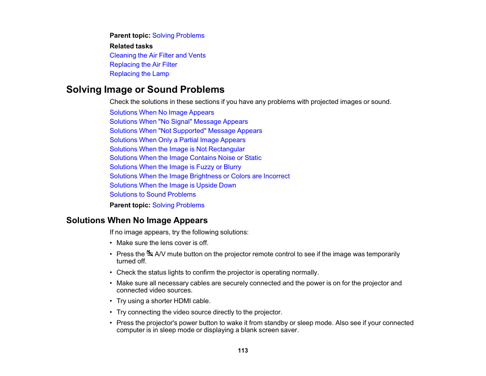 Solving image or sound problems, Solutions when no image appears | Epson Home Cinema 2350 2800-Lumen Pixel-Shift 4K UHD 3LCD Smart Gaming Projector User Manual | Page 113 / 149