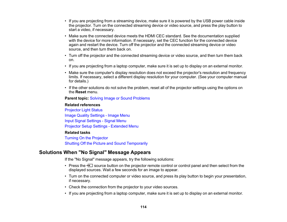 Solutions when "no signal" message appears | Epson Home Cinema 2350 2800-Lumen Pixel-Shift 4K UHD 3LCD Smart Gaming Projector User Manual | Page 114 / 149