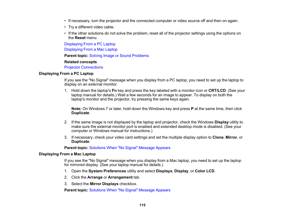 Displaying from a pc laptop, Displaying from a mac laptop | Epson Home Cinema 2350 2800-Lumen Pixel-Shift 4K UHD 3LCD Smart Gaming Projector User Manual | Page 115 / 149