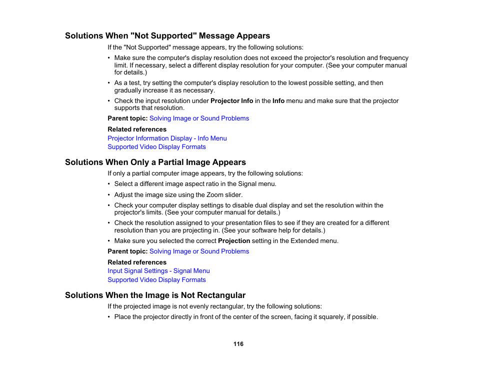 Solutions when "not supported" message appears, Solutions when only a partial image appears, Solutions when the image is not rectangular | Epson Home Cinema 2350 2800-Lumen Pixel-Shift 4K UHD 3LCD Smart Gaming Projector User Manual | Page 116 / 149