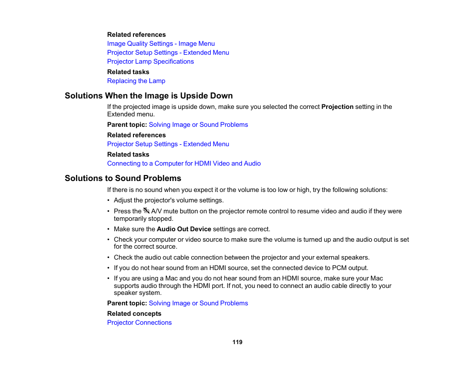 Solutions when the image is upside down, Solutions to sound problems | Epson Home Cinema 2350 2800-Lumen Pixel-Shift 4K UHD 3LCD Smart Gaming Projector User Manual | Page 119 / 149
