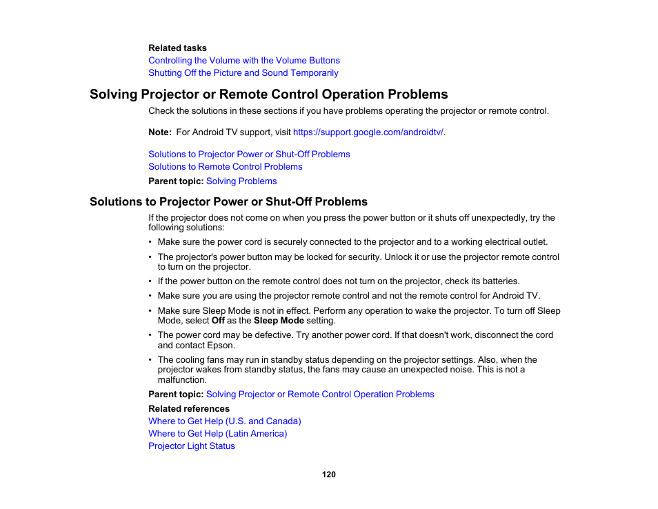 Solutions to projector power or shut-off problems | Epson Home Cinema 2350 2800-Lumen Pixel-Shift 4K UHD 3LCD Smart Gaming Projector User Manual | Page 120 / 149