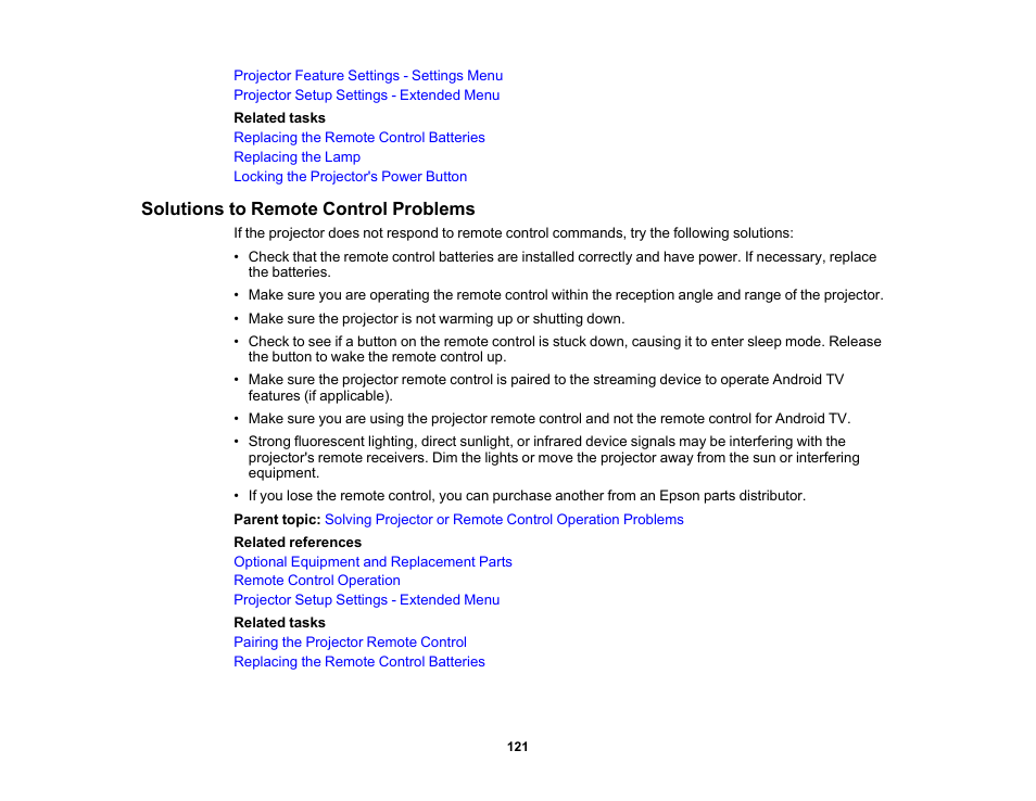 Solutions to remote control problems | Epson Home Cinema 2350 2800-Lumen Pixel-Shift 4K UHD 3LCD Smart Gaming Projector User Manual | Page 121 / 149