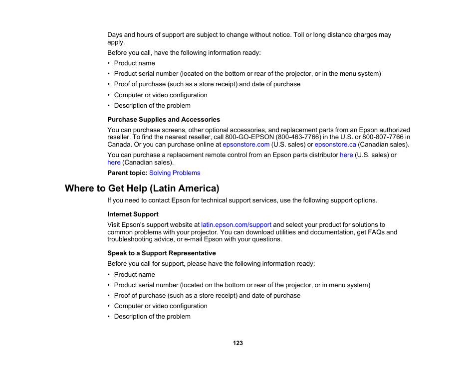 Where to get help (latin america) | Epson Home Cinema 2350 2800-Lumen Pixel-Shift 4K UHD 3LCD Smart Gaming Projector User Manual | Page 123 / 149