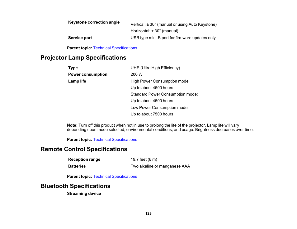 Projector lamp specifications, Remote control specifications, Bluetooth specifications | Epson Home Cinema 2350 2800-Lumen Pixel-Shift 4K UHD 3LCD Smart Gaming Projector User Manual | Page 128 / 149