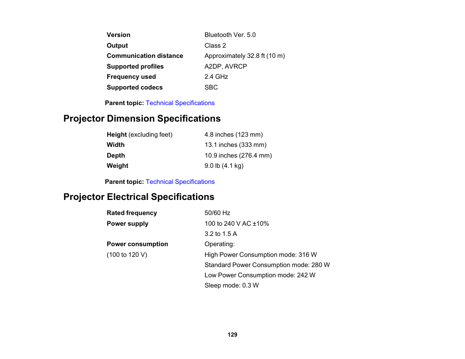 Projector dimension specifications, Projector electrical specifications | Epson Home Cinema 2350 2800-Lumen Pixel-Shift 4K UHD 3LCD Smart Gaming Projector User Manual | Page 129 / 149