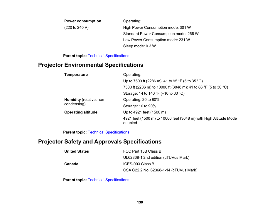 Projector environmental specifications, Projector safety and approvals specifications | Epson Home Cinema 2350 2800-Lumen Pixel-Shift 4K UHD 3LCD Smart Gaming Projector User Manual | Page 130 / 149
