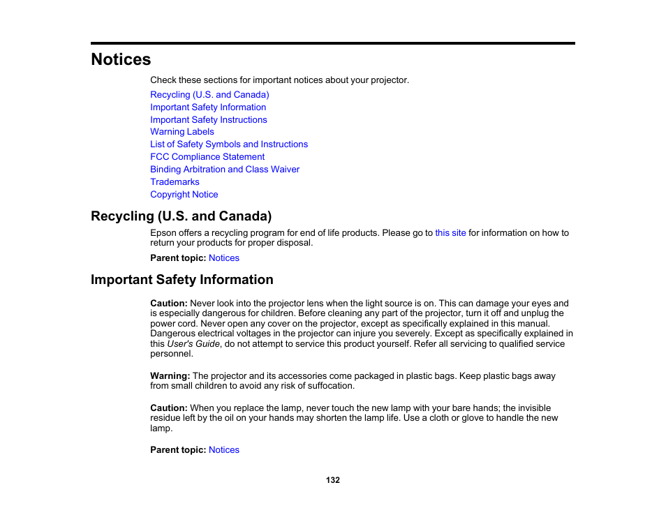 Notices, Recycling (u.s. and canada), Important safety information | Epson Home Cinema 2350 2800-Lumen Pixel-Shift 4K UHD 3LCD Smart Gaming Projector User Manual | Page 132 / 149