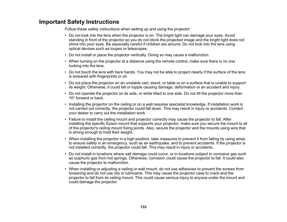 Important safety instructions | Epson Home Cinema 2350 2800-Lumen Pixel-Shift 4K UHD 3LCD Smart Gaming Projector User Manual | Page 133 / 149