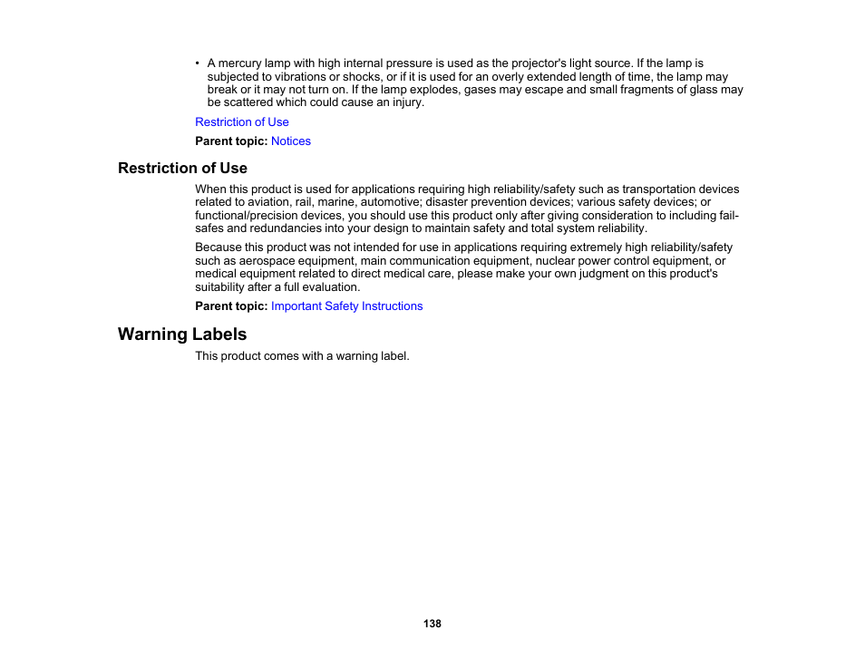 Restriction of use, Warning labels | Epson Home Cinema 2350 2800-Lumen Pixel-Shift 4K UHD 3LCD Smart Gaming Projector User Manual | Page 138 / 149