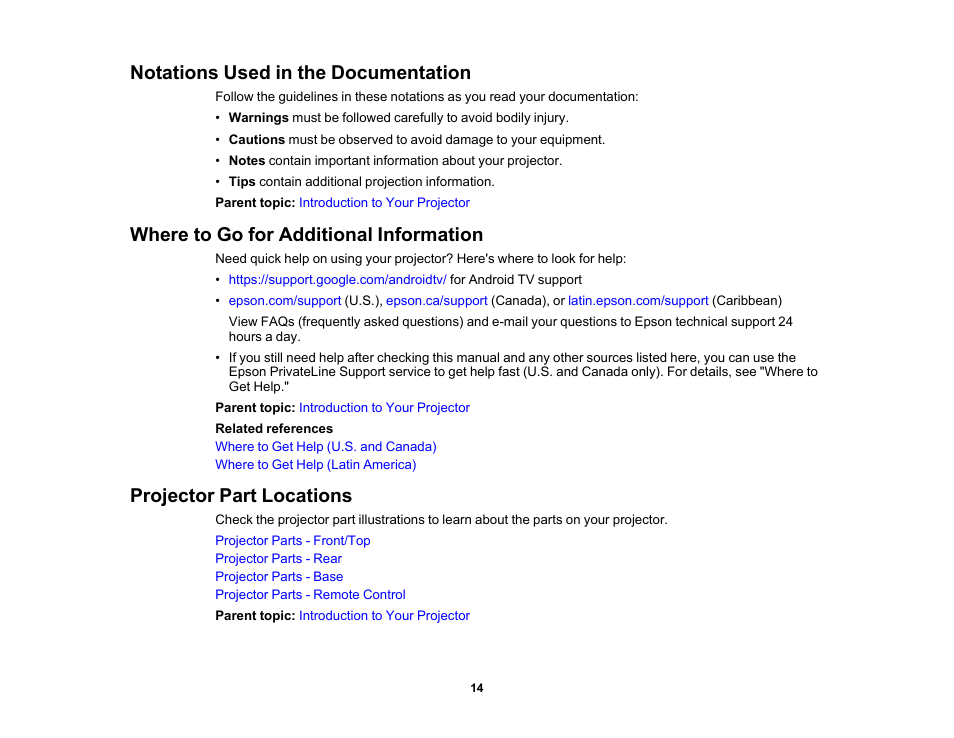 Notations used in the documentation, Where to go for additional information, Projector part locations | Epson Home Cinema 2350 2800-Lumen Pixel-Shift 4K UHD 3LCD Smart Gaming Projector User Manual | Page 14 / 149