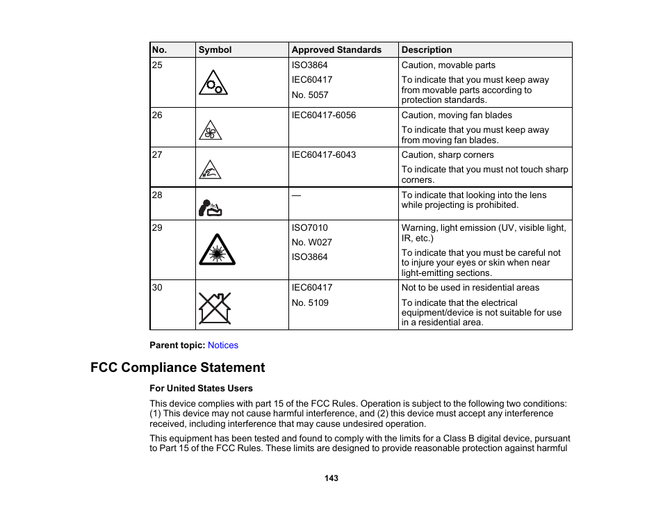 Fcc compliance statement | Epson Home Cinema 2350 2800-Lumen Pixel-Shift 4K UHD 3LCD Smart Gaming Projector User Manual | Page 143 / 149