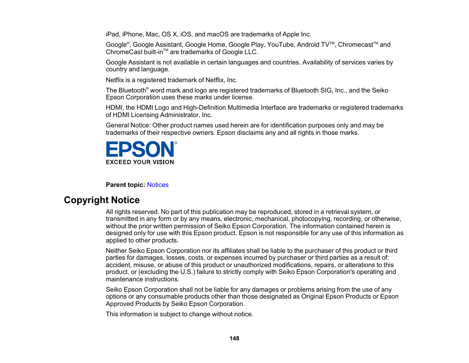 Copyright notice | Epson Home Cinema 2350 2800-Lumen Pixel-Shift 4K UHD 3LCD Smart Gaming Projector User Manual | Page 148 / 149