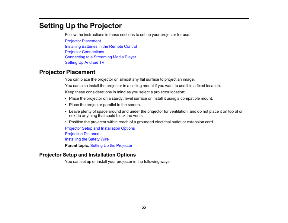 Setting up the projector, Projector placement, Projector setup and installation options | Epson Home Cinema 2350 2800-Lumen Pixel-Shift 4K UHD 3LCD Smart Gaming Projector User Manual | Page 22 / 149