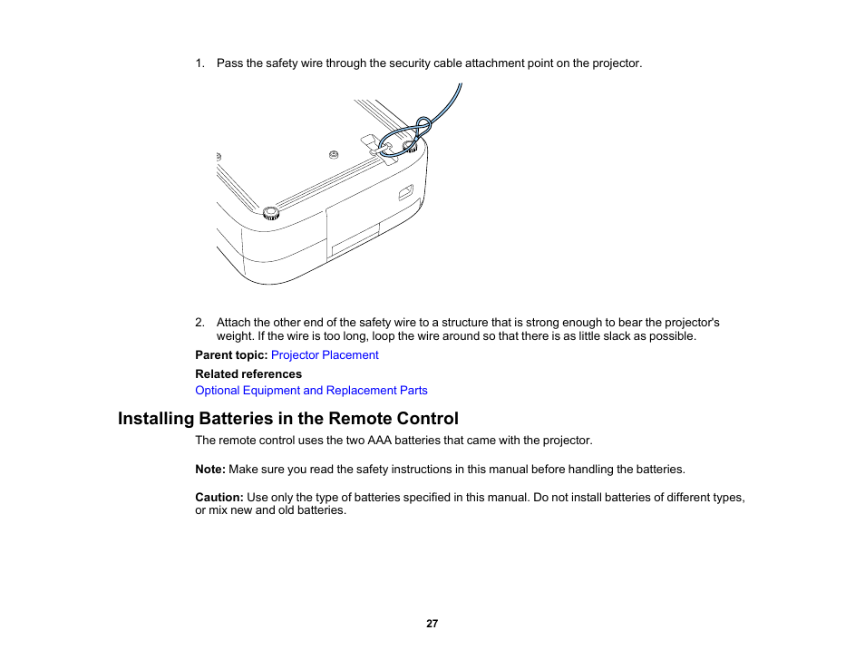 Installing batteries in the remote control | Epson Home Cinema 2350 2800-Lumen Pixel-Shift 4K UHD 3LCD Smart Gaming Projector User Manual | Page 27 / 149