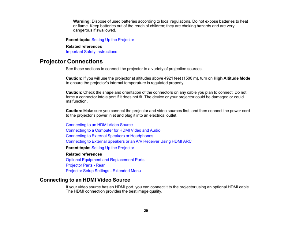 Projector connections, Connecting to an hdmi video source | Epson Home Cinema 2350 2800-Lumen Pixel-Shift 4K UHD 3LCD Smart Gaming Projector User Manual | Page 29 / 149