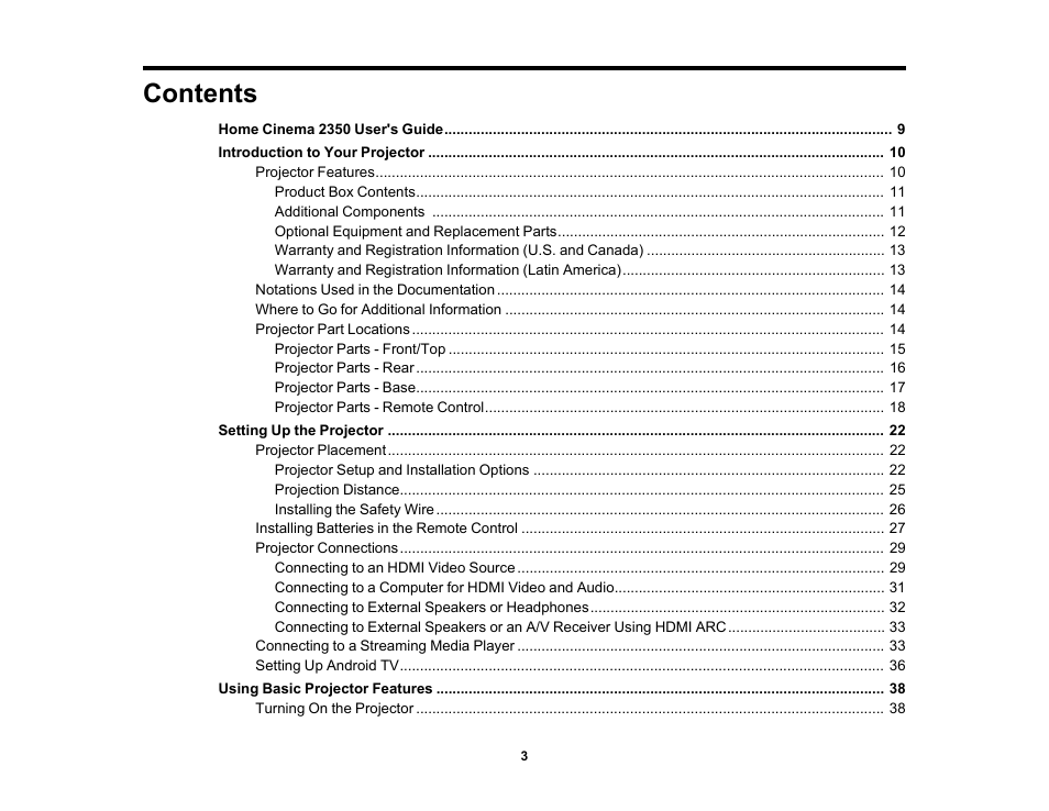 Epson Home Cinema 2350 2800-Lumen Pixel-Shift 4K UHD 3LCD Smart Gaming Projector User Manual | Page 3 / 149
