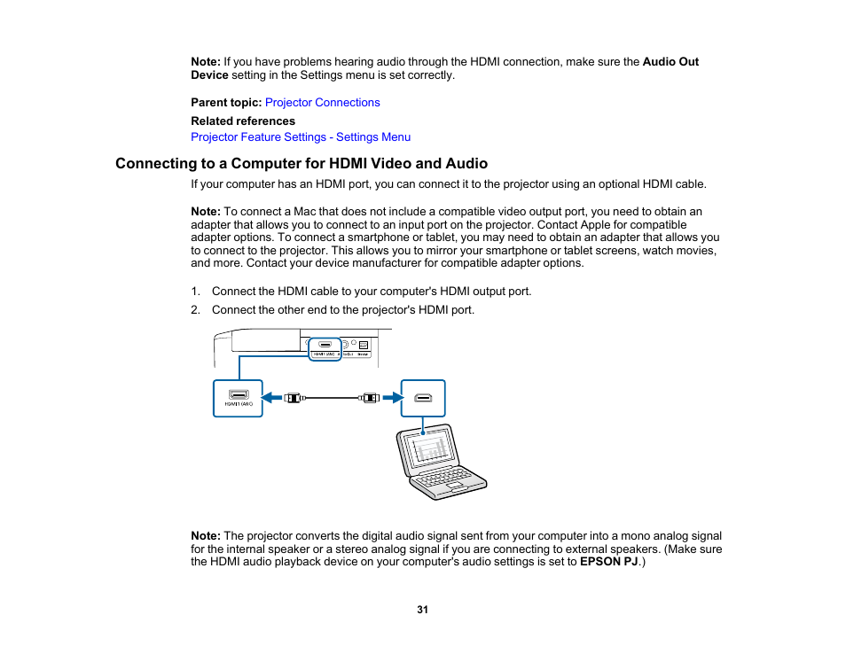 Connecting to a computer for hdmi video and audio | Epson Home Cinema 2350 2800-Lumen Pixel-Shift 4K UHD 3LCD Smart Gaming Projector User Manual | Page 31 / 149