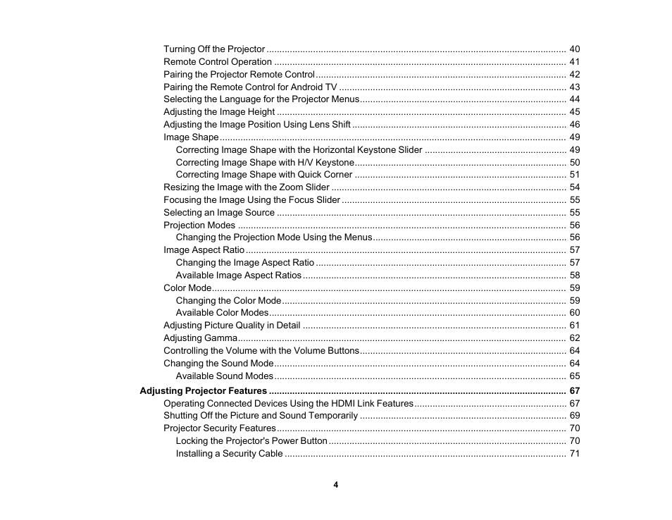 Epson Home Cinema 2350 2800-Lumen Pixel-Shift 4K UHD 3LCD Smart Gaming Projector User Manual | Page 4 / 149