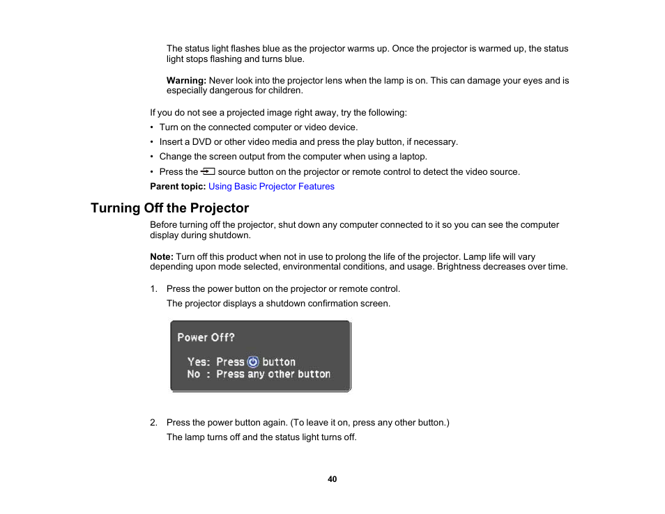 Turning off the projector | Epson Home Cinema 2350 2800-Lumen Pixel-Shift 4K UHD 3LCD Smart Gaming Projector User Manual | Page 40 / 149