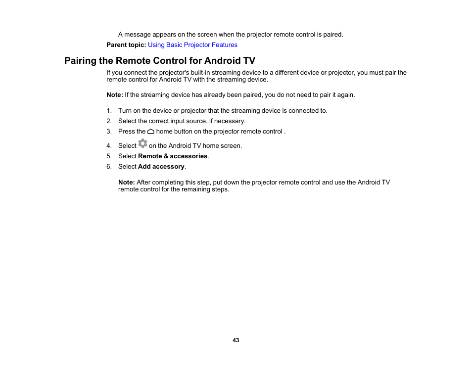 Pairing the remote control for android tv | Epson Home Cinema 2350 2800-Lumen Pixel-Shift 4K UHD 3LCD Smart Gaming Projector User Manual | Page 43 / 149