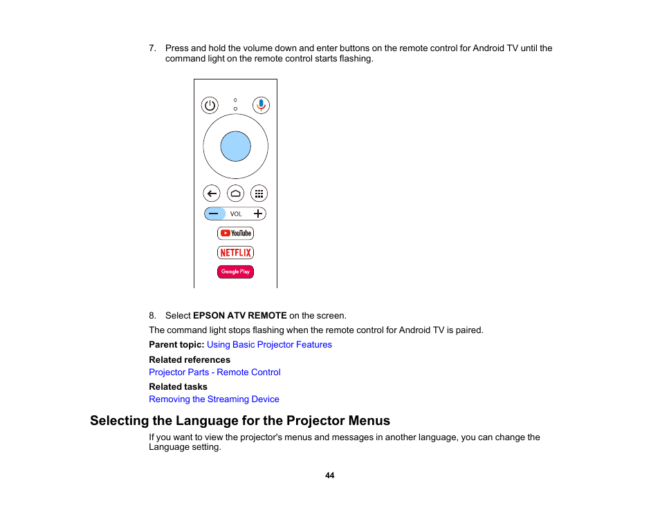 Selecting the language for the projector menus | Epson Home Cinema 2350 2800-Lumen Pixel-Shift 4K UHD 3LCD Smart Gaming Projector User Manual | Page 44 / 149