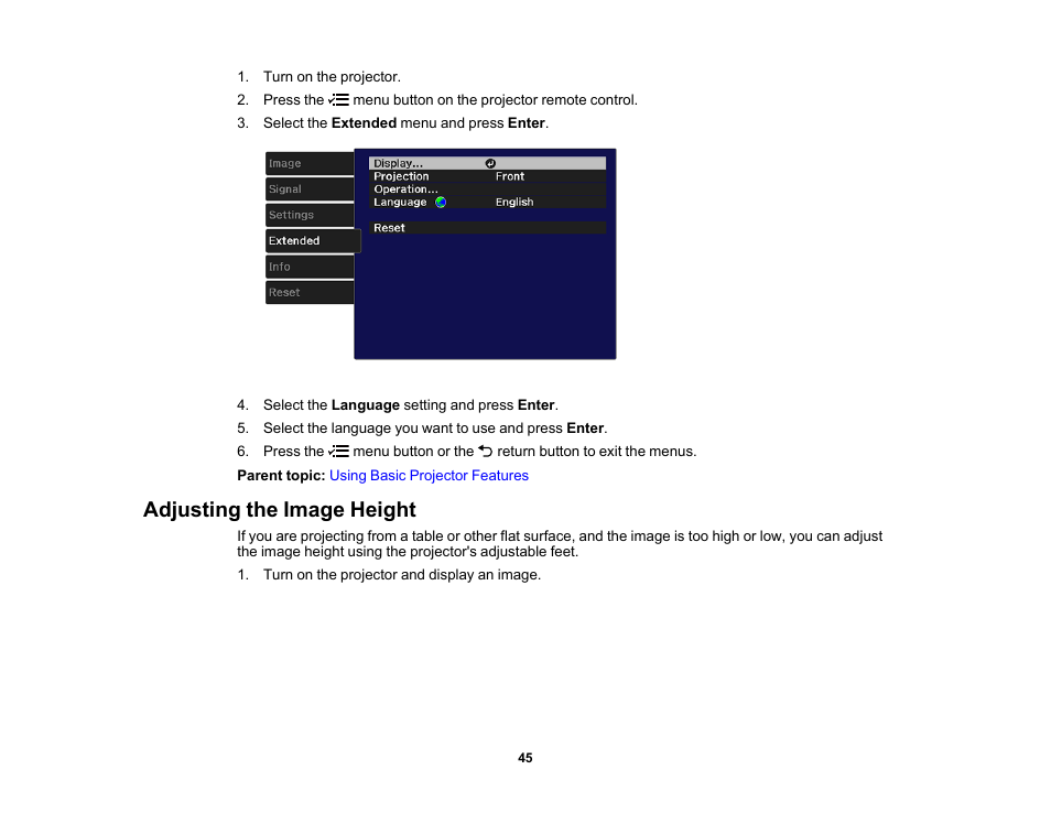 Adjusting the image height | Epson Home Cinema 2350 2800-Lumen Pixel-Shift 4K UHD 3LCD Smart Gaming Projector User Manual | Page 45 / 149