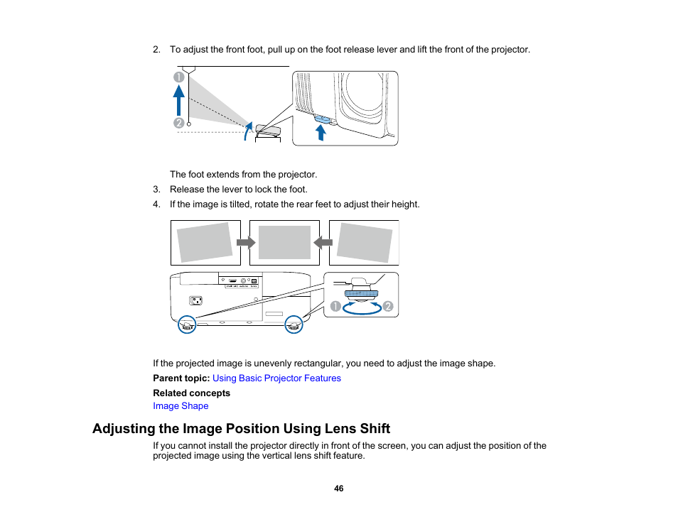 Adjusting the image position using lens shift | Epson Home Cinema 2350 2800-Lumen Pixel-Shift 4K UHD 3LCD Smart Gaming Projector User Manual | Page 46 / 149