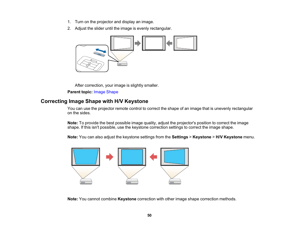 Correcting image shape with h/v keystone | Epson Home Cinema 2350 2800-Lumen Pixel-Shift 4K UHD 3LCD Smart Gaming Projector User Manual | Page 50 / 149